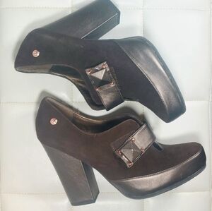 Vtg Calvin Klein Jeans brown suede & patent leather Nala pump, 9.5, EUC (NWOB)
